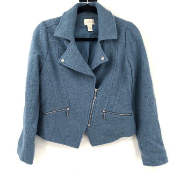 CHICO'S Boiled Wool Moto Jacket Zip Up Blue Grey S 4 6 Women Coat Zip Accents - Picture 1 of 11